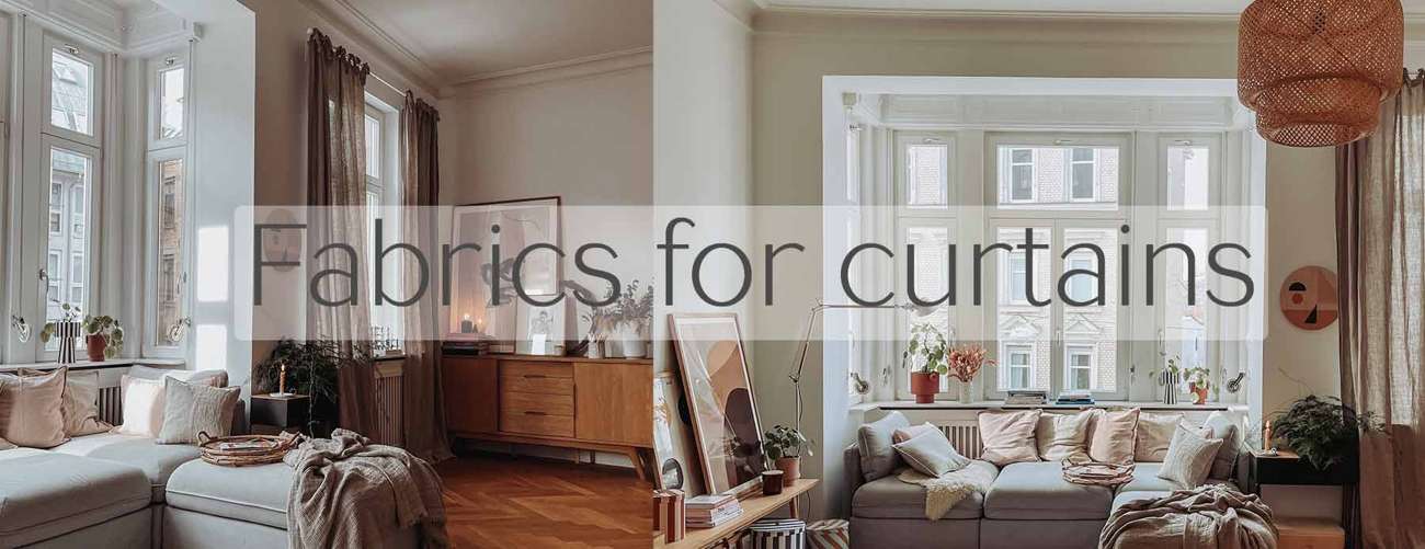 Linen curtain fabrics in a bright living room