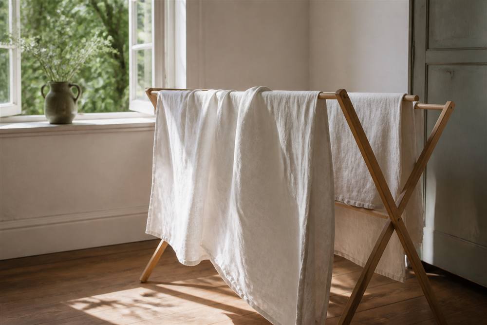 Freshly washed white table linen drying on a wooden rack