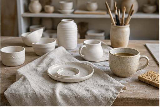 Handmade ceramics and a warm drink arranged on a natural linen cloth