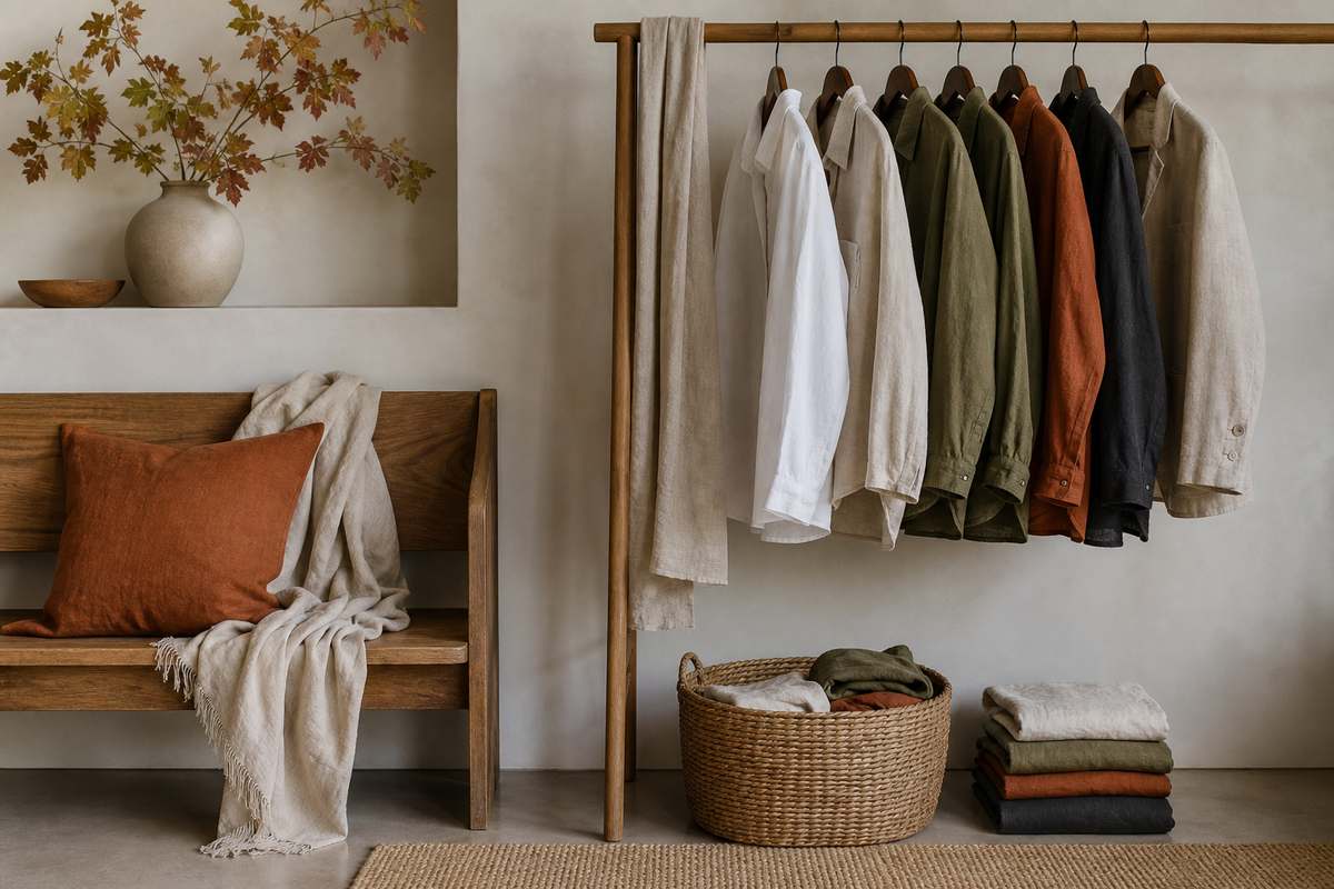 Layered linen dress and jacket styled for cooler weather