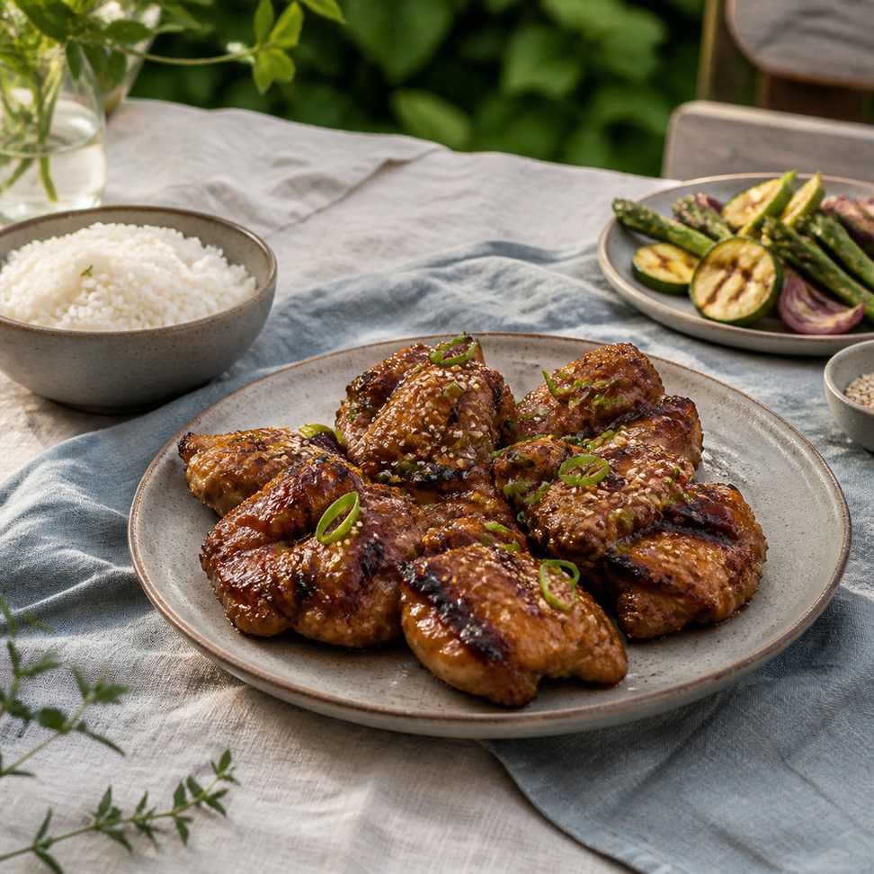 BBQ teriyaki chicken BBQ teriyaki chicken served with rice and grilled vegetables on a linen-covered outdoor table