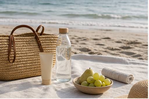 Beach essentials on a pale linen towel beside a woven bag, water and fruit