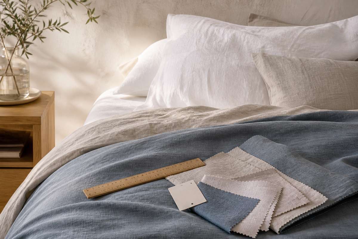 Linen bedding with fabric swatches and a ruler for choosing material and size