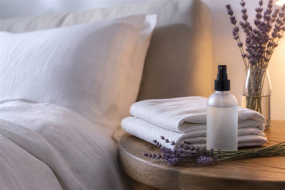 Lavender bedtime mist beside softly folded white linen bedding