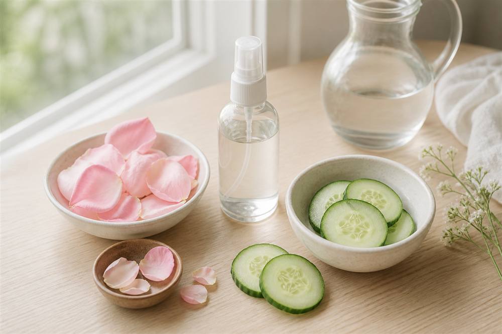 Rose petals and cucumber prepared for a botanical facial mist