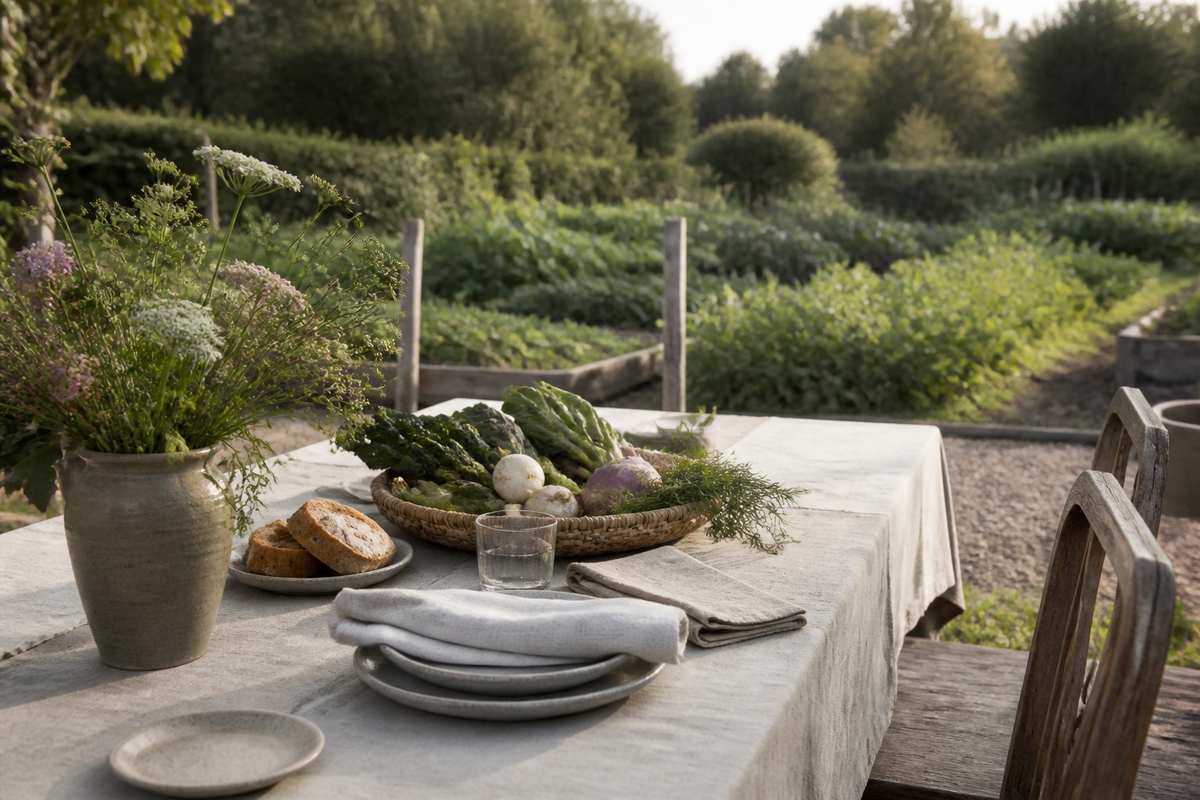 A linen-dressed garden table with seasonal produce, bread and flowers