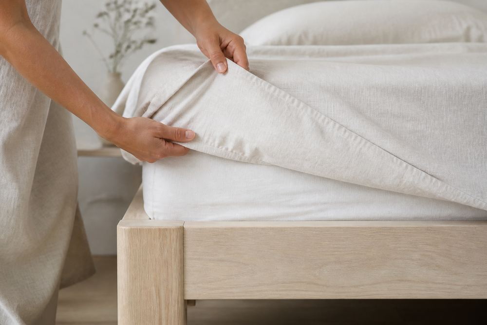 Changing a linen fitted sheet Hands fitting a clean linen sheet securely around a mattress
