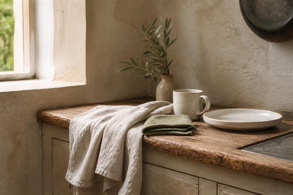 Natural linen tea towels and handmade ceramics in a warm compact kitchen