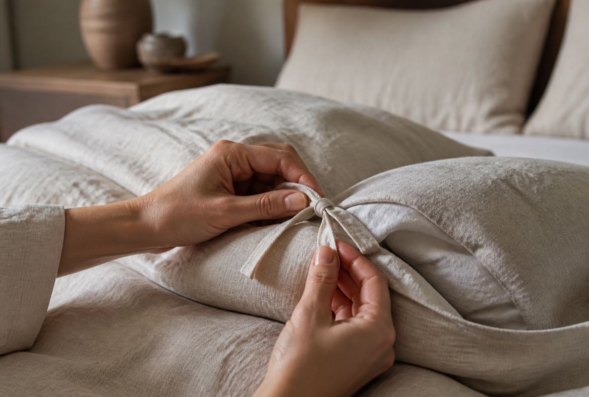Hands tying a linen duvet cover securely to the duvet insert