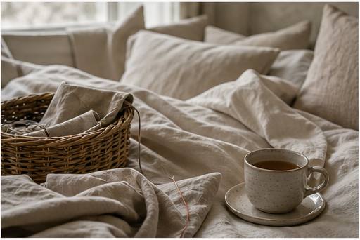 Relaxed linen bedding with a mending basket and tea in a quiet home