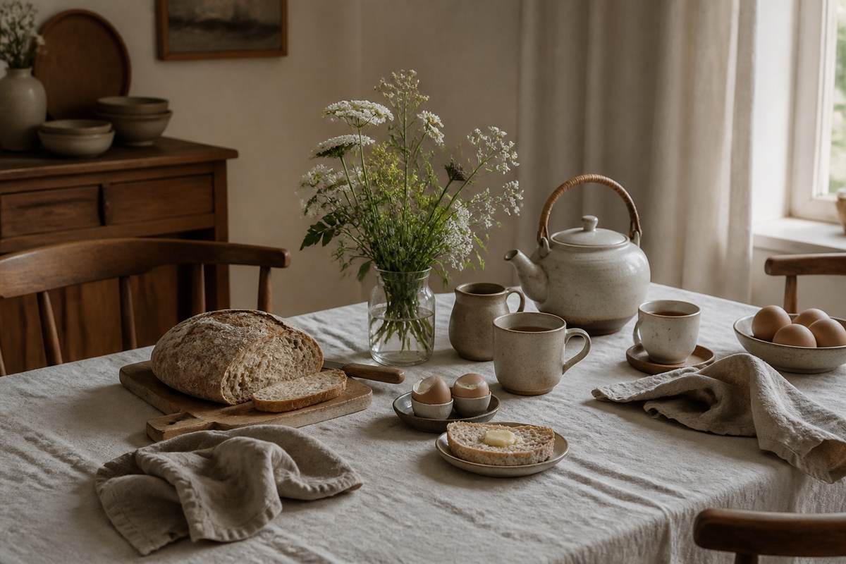 A calm family breakfast table with linen, bread, eggs and tea