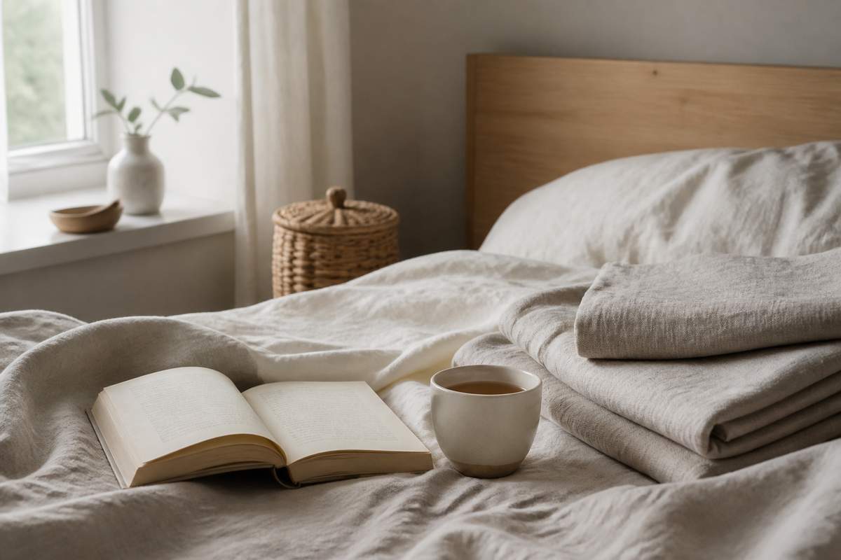 Open book and tea on natural linen bedding in a quiet morning room