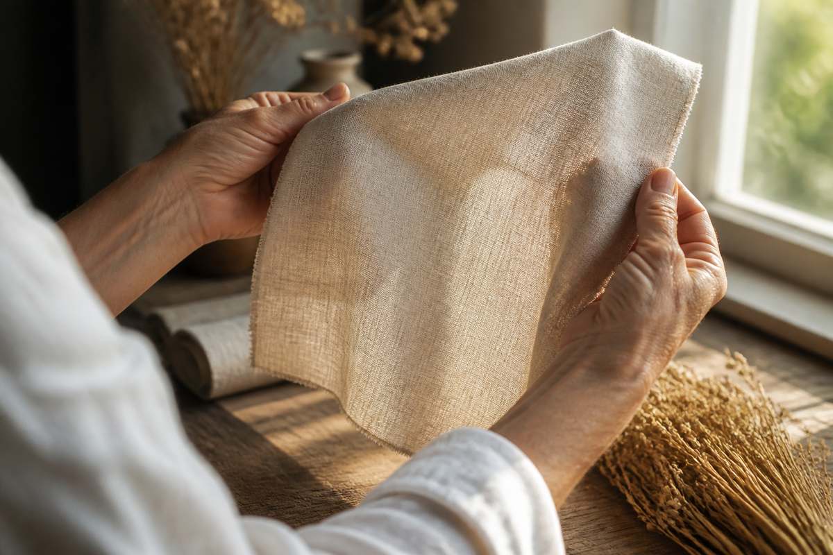 Hands examining the weave of a linen fabric sample in daylight
