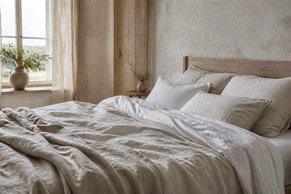 Soft natural and white linen bedding in a quiet rustic bedroom