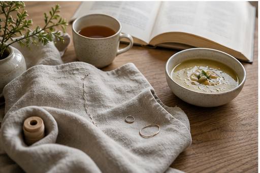 Hand sewing, a book, tea and soup arranged for a quiet February afternoon