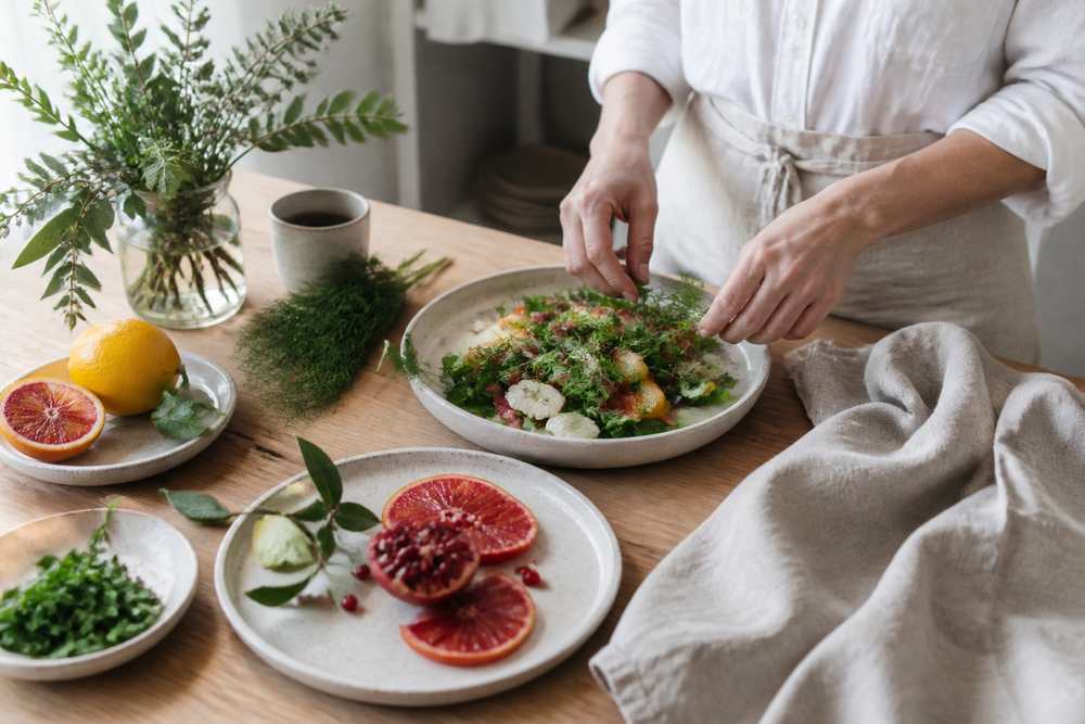 Seasonal food styling with handmade ceramics and a natural linen napkin