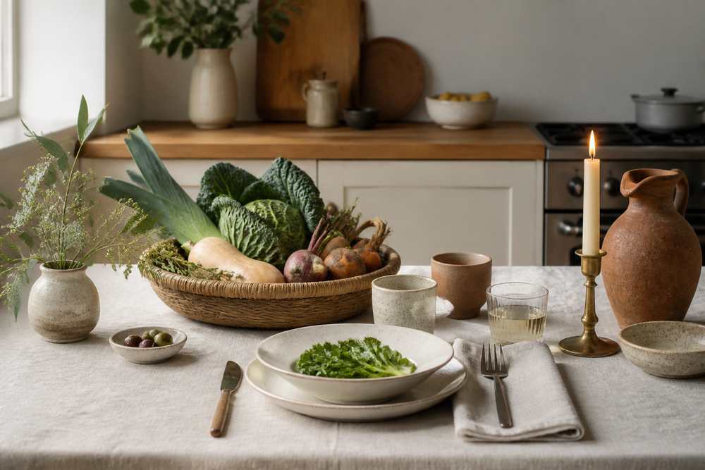 Market vegetables and a candlelit place setting on a linen tablecloth