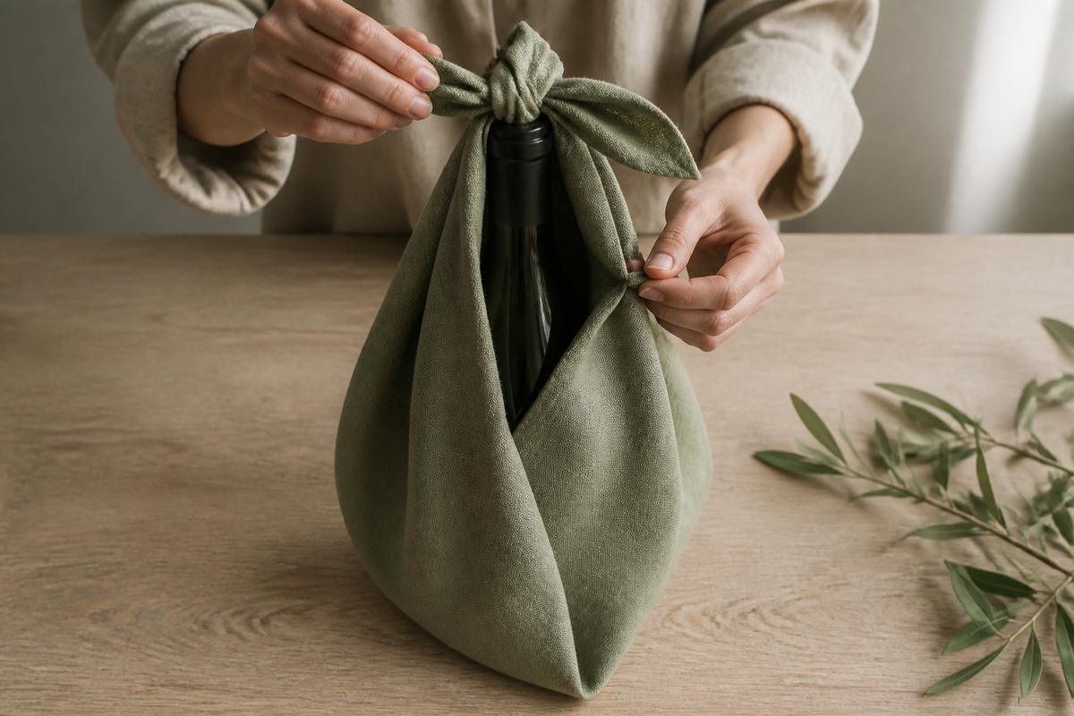 Bottle wrapped securely in a sage linen cloth with a carrying knot