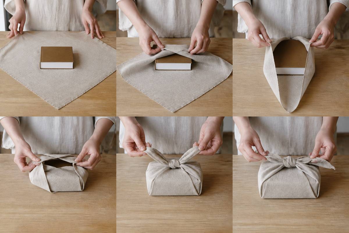 Six steps for wrapping a book-shaped box in a square linen cloth