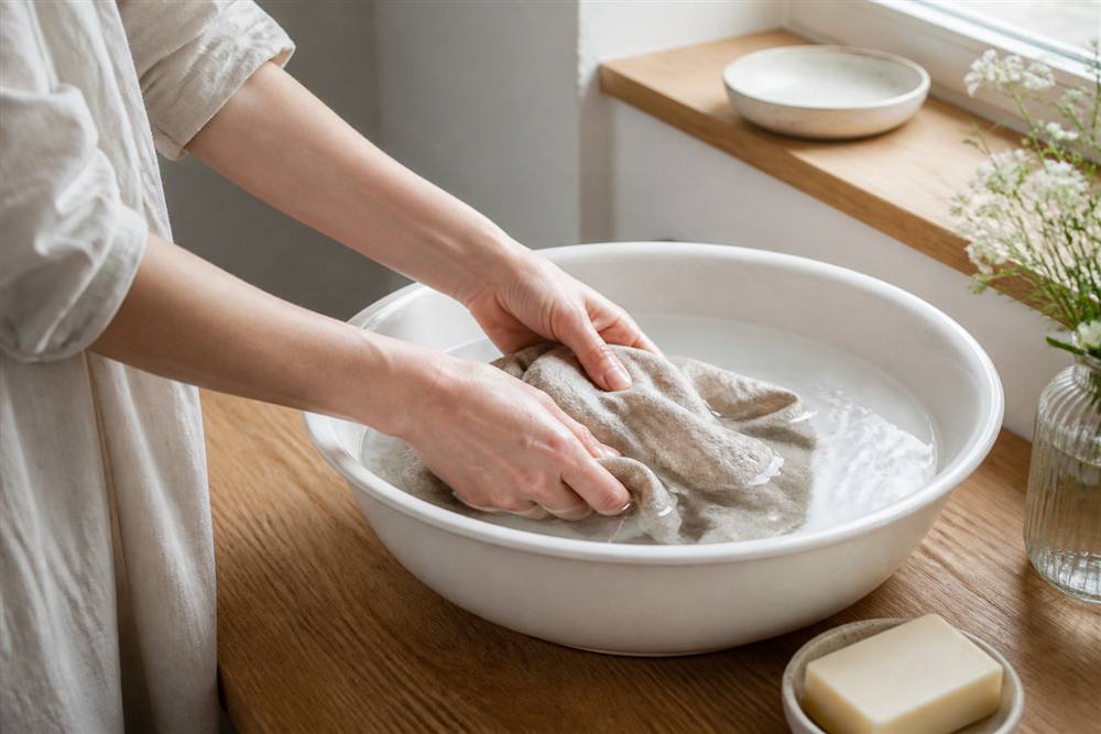 Hands gently washing a natural linen napkin in clear water