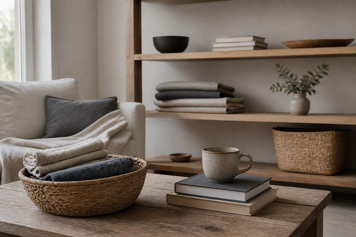 Uncluttered living room with folded linens, books and a woven basket