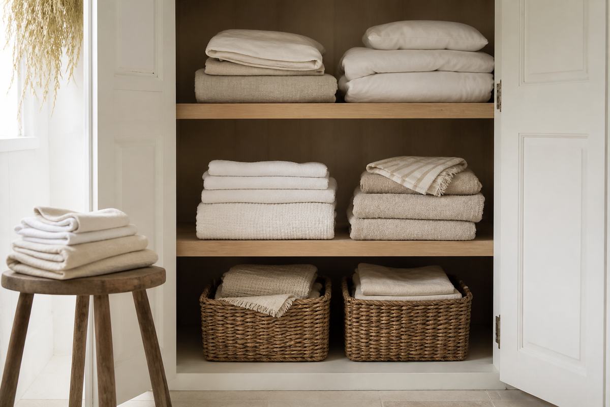 An orderly linen cupboard with folded textiles and woven baskets