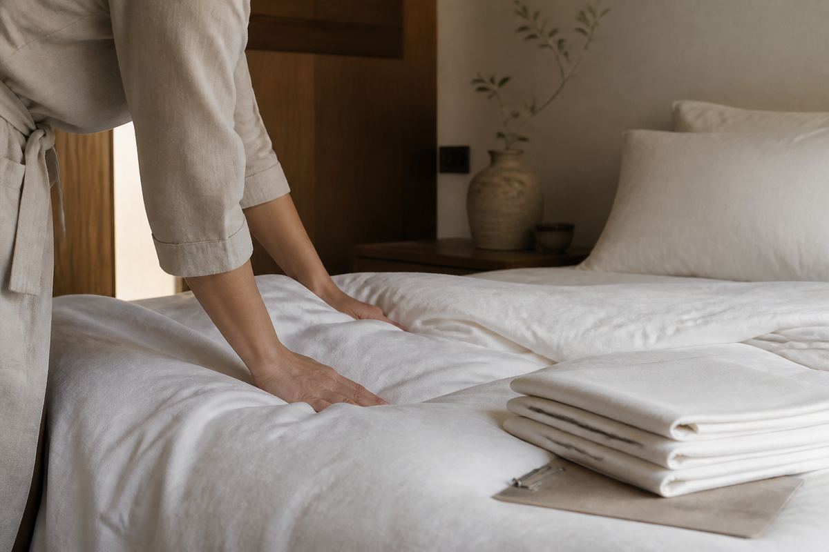 Housekeeper smoothing linen bedding beside folded pillowcases
