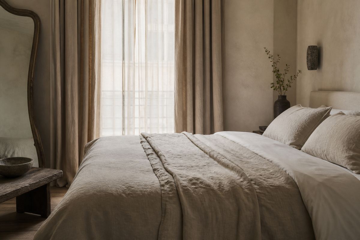 Calm hotel bedroom styled with neutral linen bedding and curtains