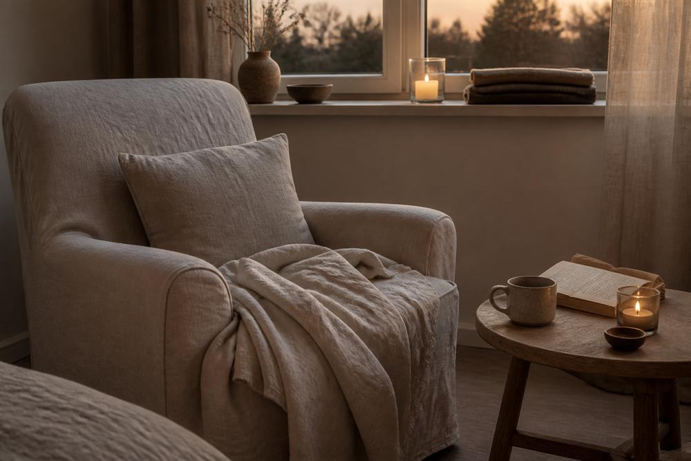 Cosy reading corner with natural linen textiles and candlelight
