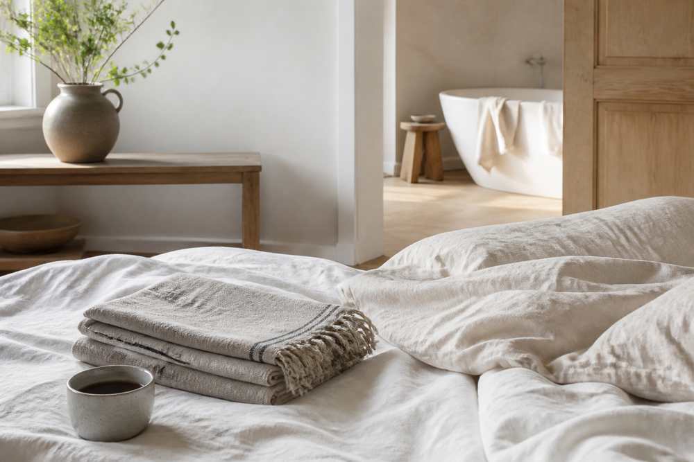 Natural linen bedding with folded hammam-style towels and coffee