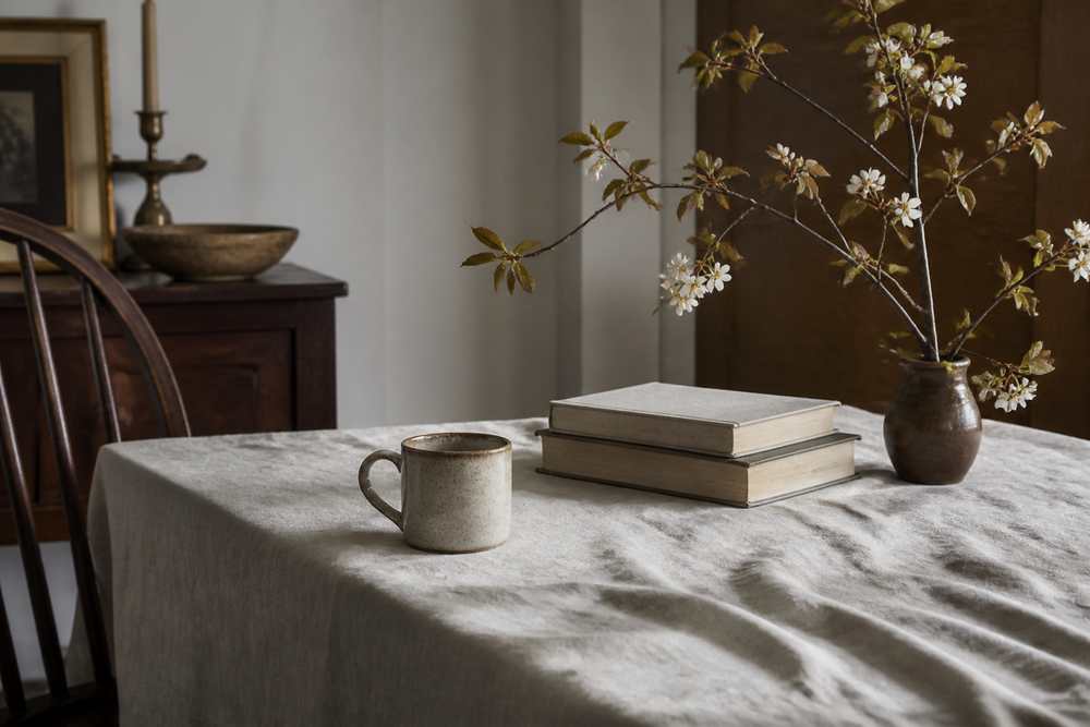 Ceramic coffee mug and books styled on a natural linen tablecloth