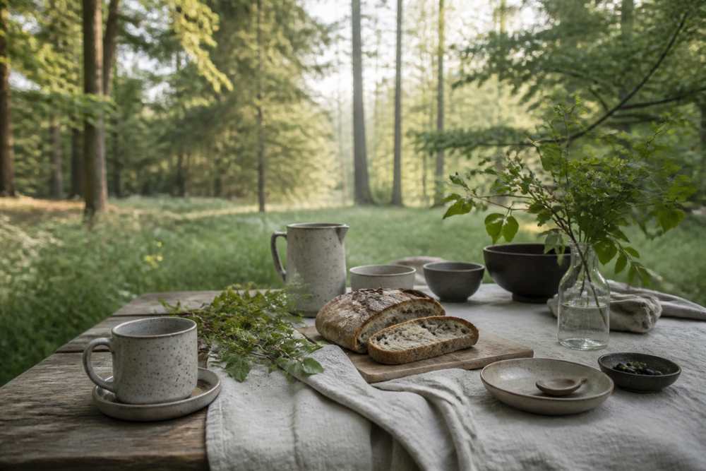 Woodland breakfast table with handmade ceramics and natural linen