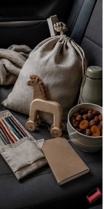 A reusable linen travel pouch with pencils, notebook, wooden toy and snacks on a car seat