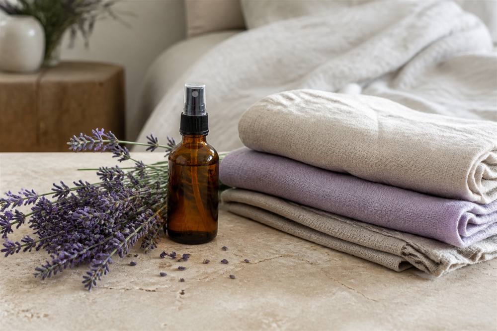 Amber linen-water spray beside lavender and folded natural linen