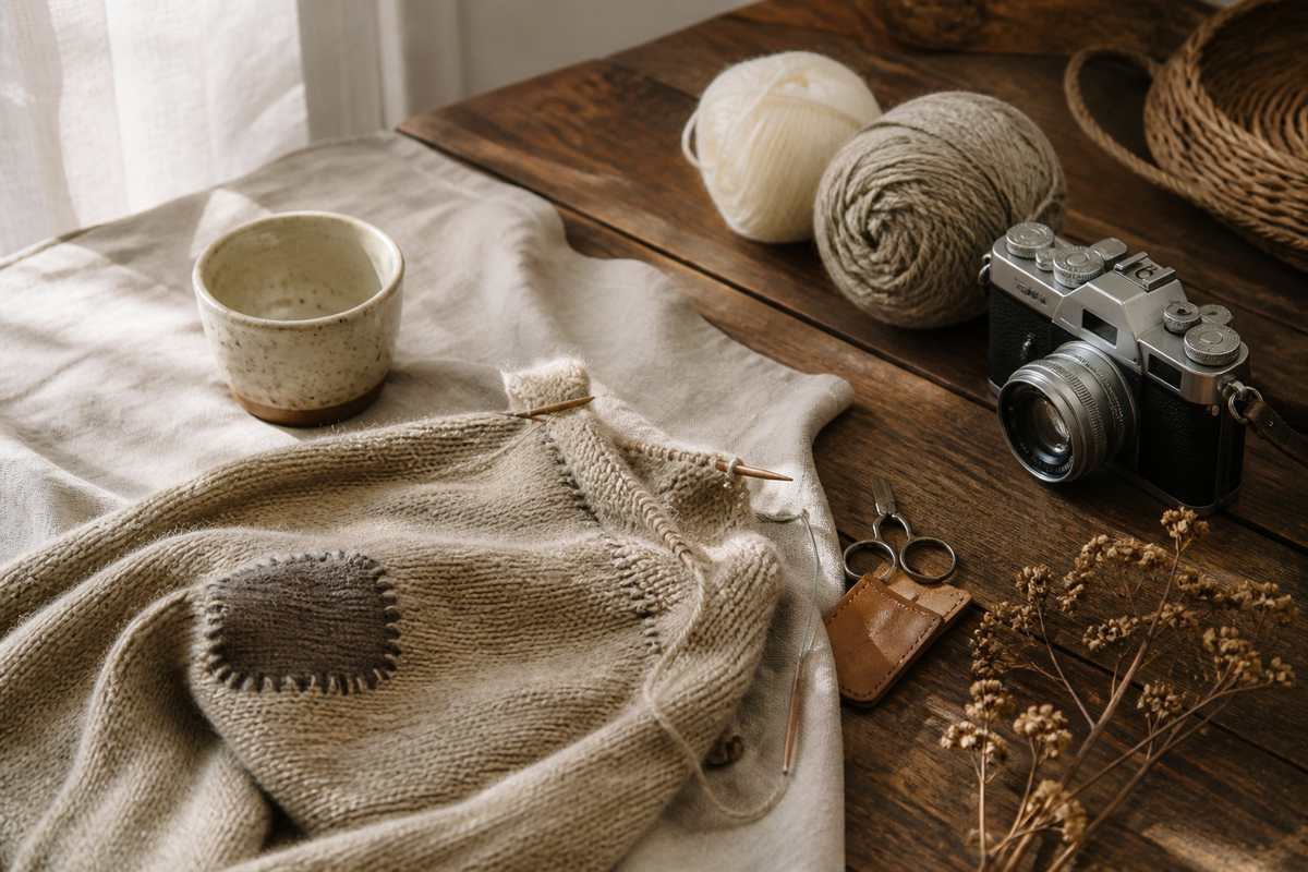 Knitting, mending tools and a camera on a linen-covered maker's table