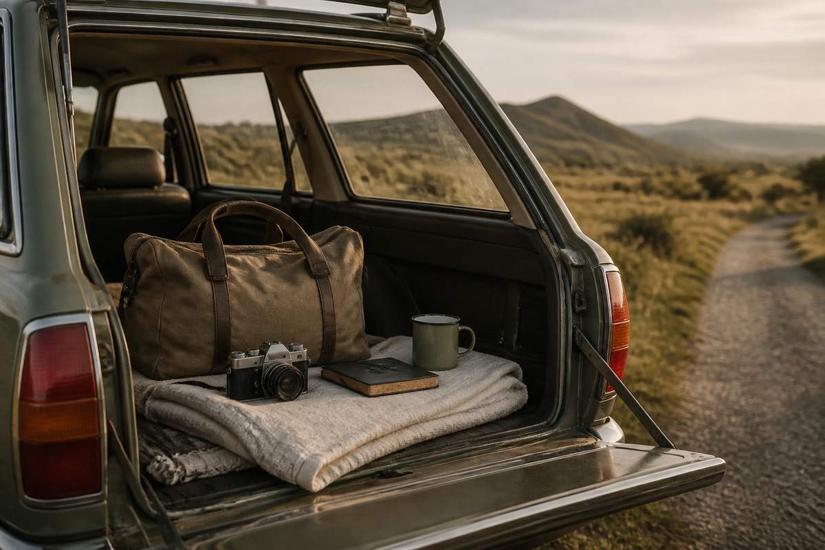 Travel bag, camera and linen blanket packed for a quiet rural road trip