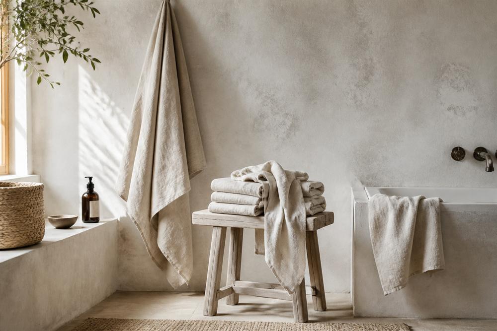 Natural linen bath towels in a calm, light-filled bathroom