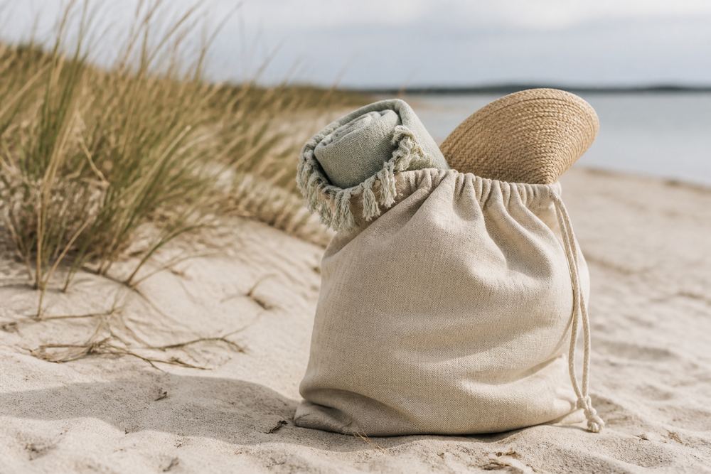 Linen beach bag Natural linen beach bag packed with a towel and sun hat