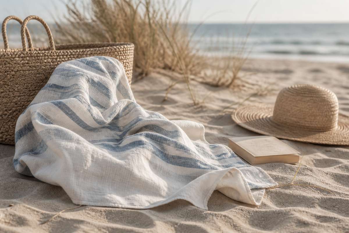 Blue-striped linen beach towel beside a woven basket on a quiet sandy shore