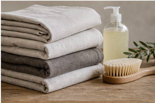 Folded natural linen bedding with gentle laundry soap and a wooden brush