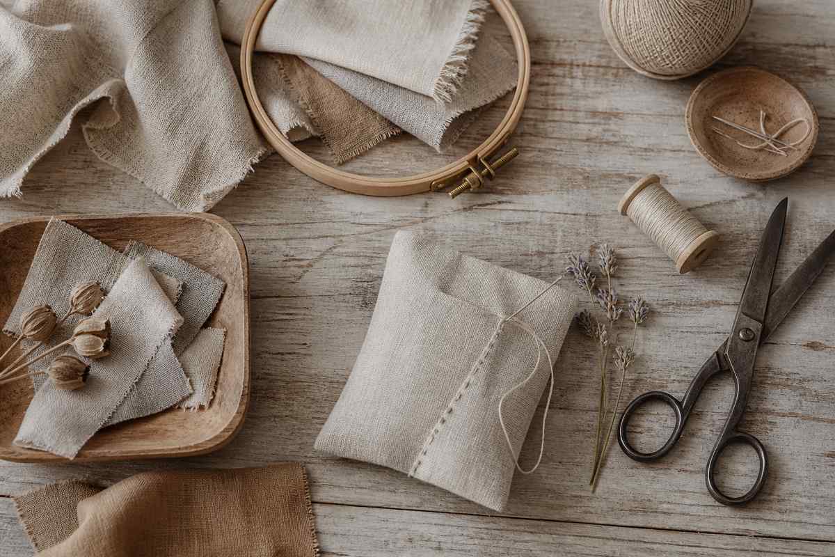 Linen craft workspace with offcuts, thread, scissors and a stitched sachet