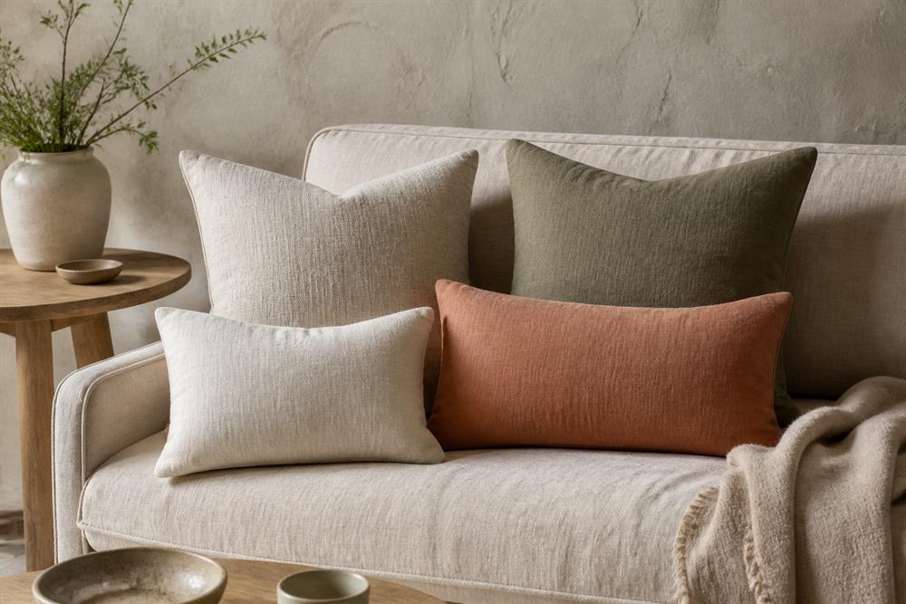 Natural, olive and terracotta linen cushion covers on a neutral sofa