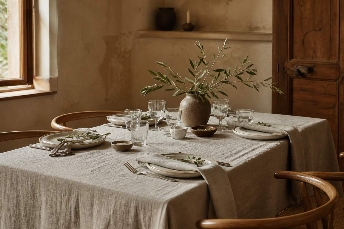 Relaxed gathering around a table dressed with natural linen
