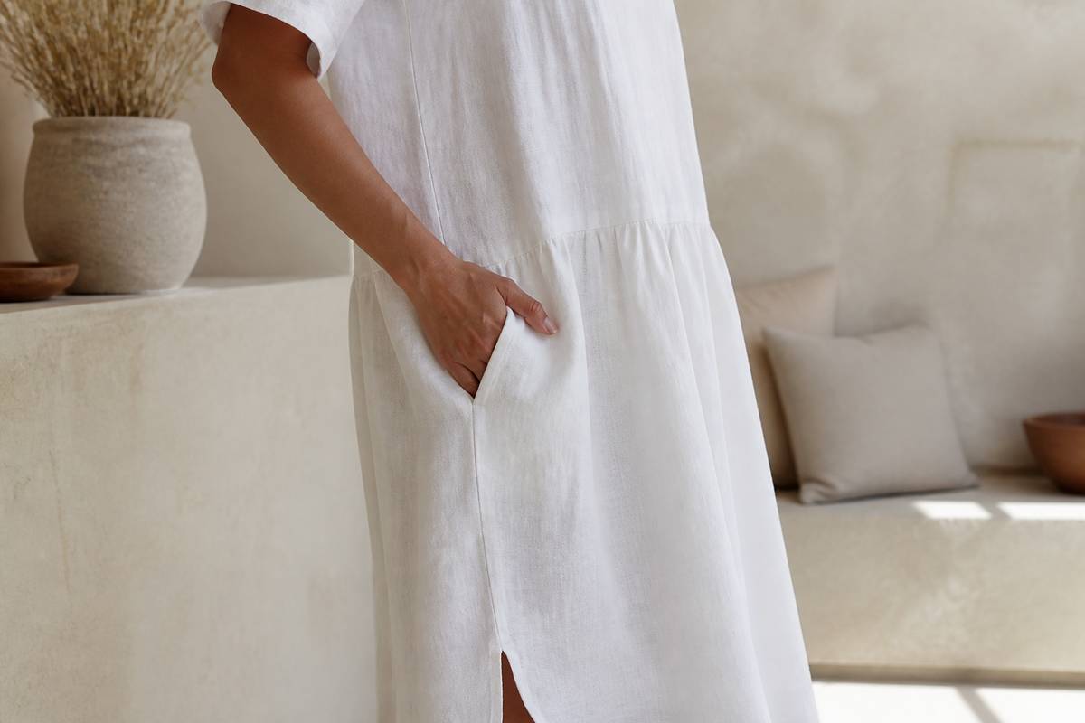 Woman placing her hand in a deep side-seam pocket of a white linen dress