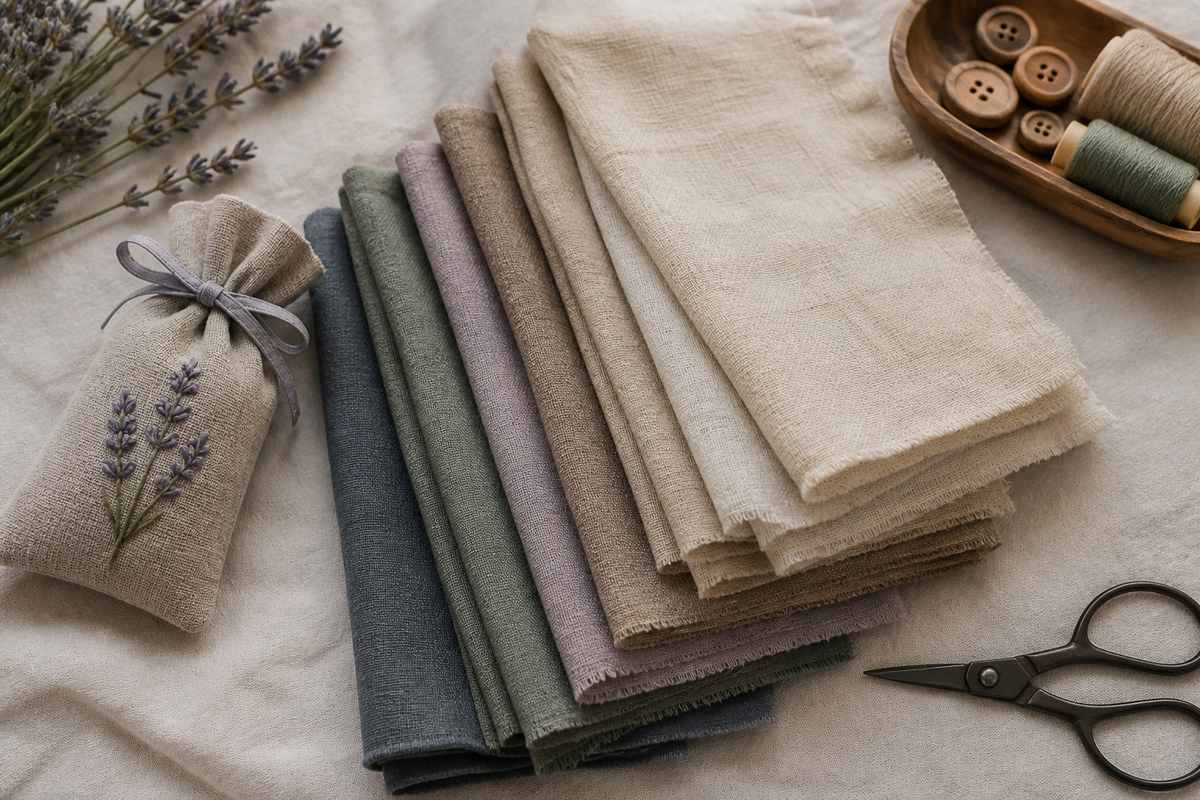 Coordinated linen offcuts and sewing notions arranged for a textile maker