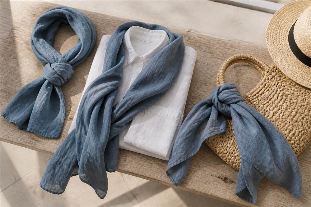 Muted blue linen scarves styled with a white shirt and summer bag