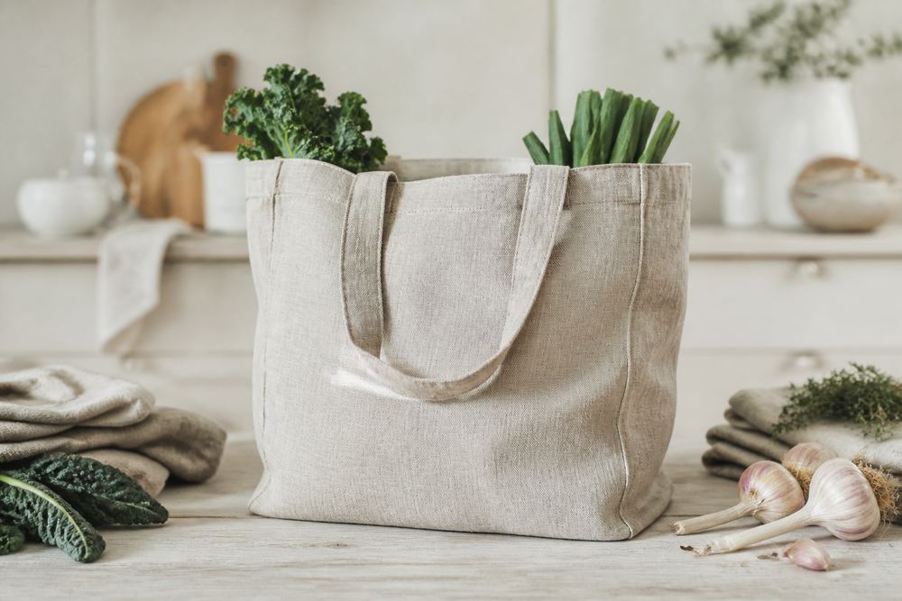 Reusable shopping tote sewn from natural linen fabric