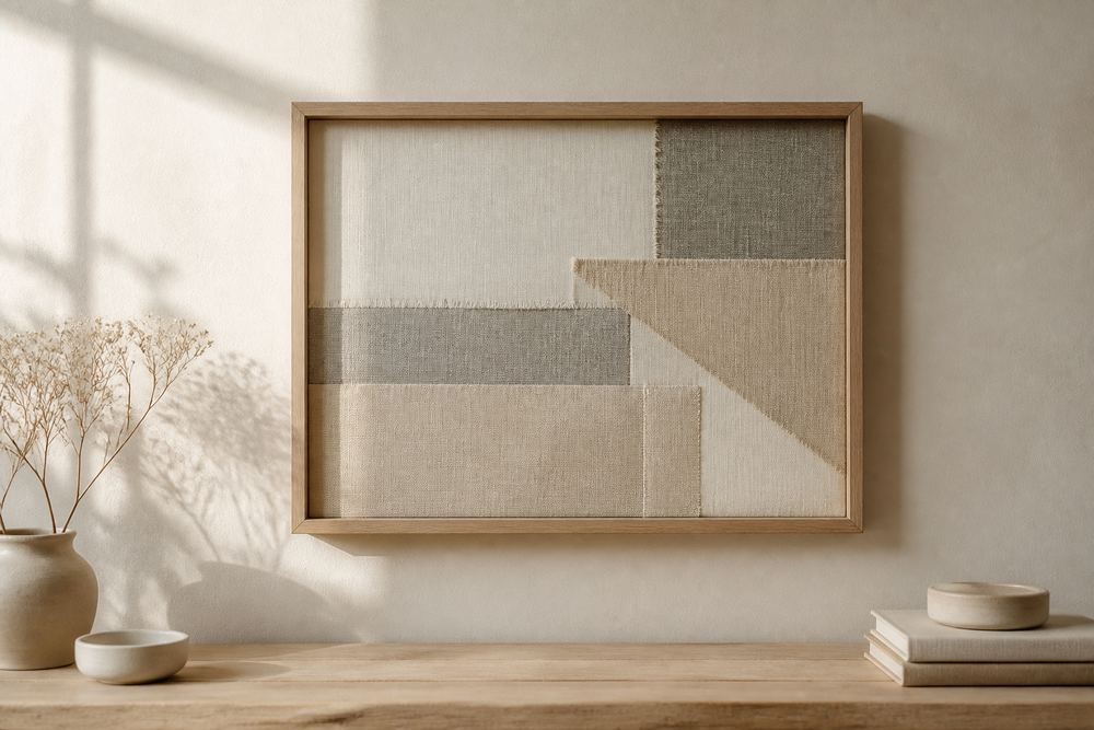 Framed wall art made from layered natural linen offcuts