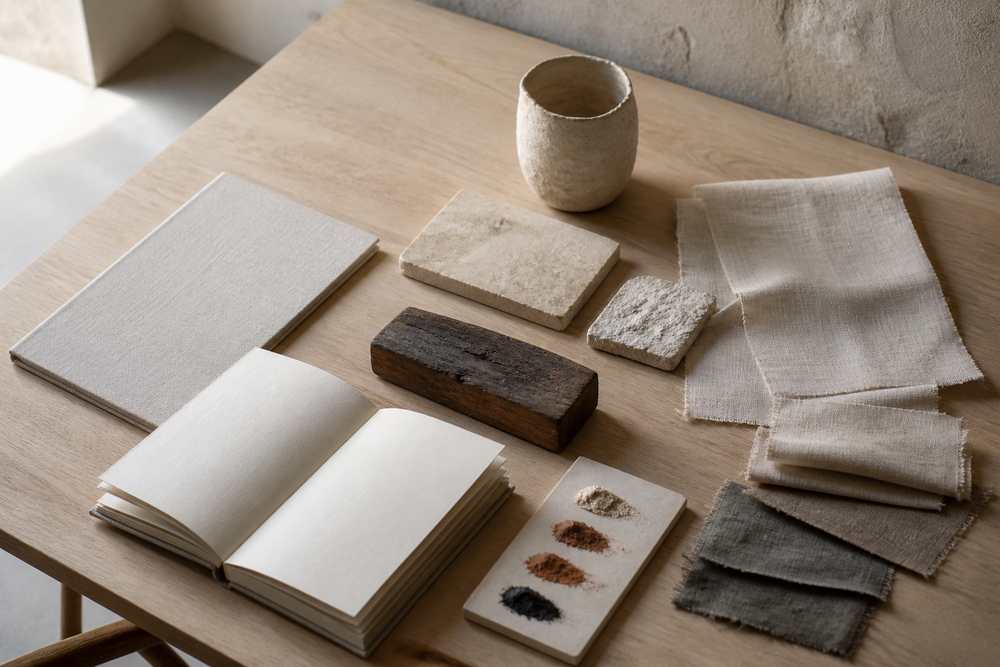 Linen swatches, mineral pigments and reclaimed wood on a design table