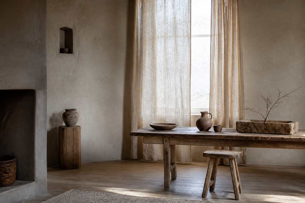 Slow-design interior with linen curtains, mineral walls and reclaimed wood